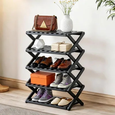 Immagine prodotto di Scaffale pieghevole per scarpe, nero, 5 ripiani, in bambù, senza montaggio, dimensioni 49x26x91 cm