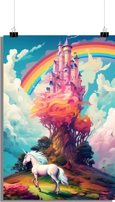 Produktbild von Magisches Poster - Einhorn Poster - Schloss Poster - Kinderzimmer Poster - Regenbogen Poster - 61x91cm - Perfekt zum Einrahmen