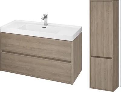 Produktbild von BADLAND Badmöbel Set CREA 100 Waschbecken-Unterschrank mit Hochschrank 140x40x25, 2-Türen, Eiche