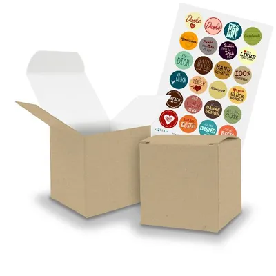 Produktbild von SET MIX (Motiv21) 24x Faltschachtel Würfel 6,5cm BRAUN + Sticker