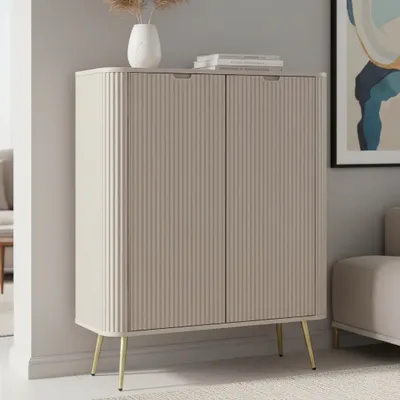 Produktbild von Hohe Kommode Porto 103 cm Cashmere Zweitürig mit Gerillten Fronten auf Goldenen Metallfüßen