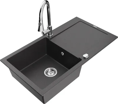 Produktbild von Mexen Leo 1 Becken-Granitspüle mit Abtropffläche und Mischbatterie Elia, Schwarz gesprenkelt - 6501-76-670101-00