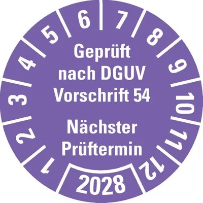 Produktbild von Dreifke® Prüfplakette Gepr.nach DGUV Vorschrift 54 2028, violett, Dokufolie, ...