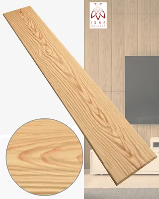 A wooden plank is shown diagonally across the image, with a close-up inset of the wood grain. The background shows a modern interior with wood paneling and furniture.