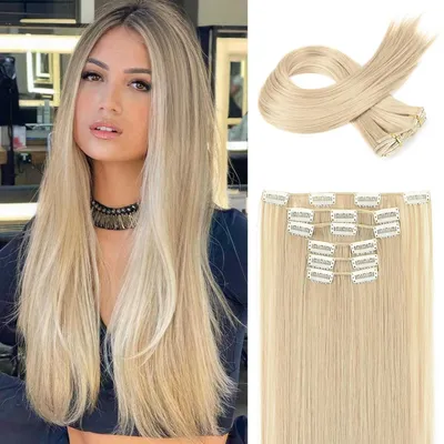 Obrázek produktu pro Sada 6 kusů klipových prodlužování vlasů, délka 61 cm, rovné, barva: popelavě blond, syntetické