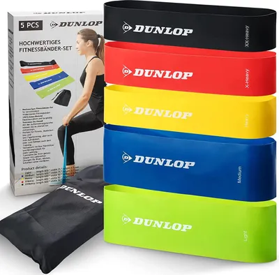 Produktbild von DUNLOP Fitness Band Fitnessbänder Set - 5 Resistance Bands für schnelle Krafttraining Erfolge - Knackpopo in Rekordzeit - Premium Widerstandsbänder in 5 Stufen als LongLife+ Latex Bänder Set