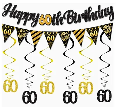 60. Geburtstagsdeko-Set mit Banner & Girlanden, Schwarz-Gold