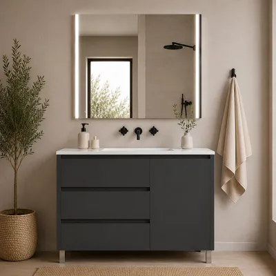 ORIGEN BATH VOLUM Badmöbel-Set mit Waschbecken 100x40 cm und LED-Spiegel MEGAN 100x80 cm, Graphit