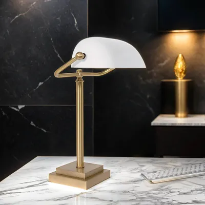 Produktbild von Bankerlampe Weiß Bronze E27 40 cm Glas Echt-Messing Jugendstil Bankerleuchte