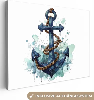 Produktbild von MuchoWow® - Leinwandbilder - Anker - Blau - Weiß - Maritim, Wandbild, Wanddeko Bilder Wohnzimmer, 40x30 cm