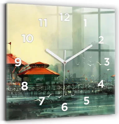 Produktbild von Wallfluent Wanduhr – Stilles Quarzuhrwerk - Uhr Dekoration Wohnzimmer Schlafzimmer Küche - Zifferblatt - weiße Zeiger - 30x30 cm - Fischerdorf