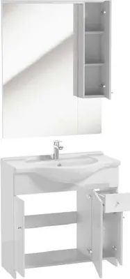 A white bathroom vanity with a sink and a mirrored cabinet above it.