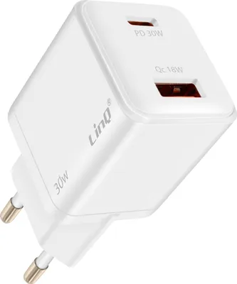Immagine prodotto di LinQ, alimentatore USB-C Power Delivery 30W + USB 18W Quick Charge 3.0, bianco