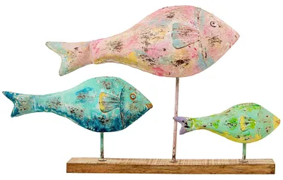 Dekofigur 3 Eisenfische auf Holzsockel, 83x16x51 cm, bunt