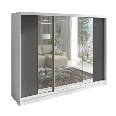 A modern sliding door wardrobe with mirrored doors, reflecting a living room interior.