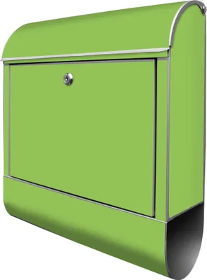 A lime green mailbox with a silver trim and a keyhole is shown against a white background.