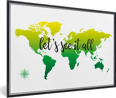 Produktbild von MuchoWow® Gerahmtes Poster Weltkarte - Grün - Kompass 90x60 cm - Poster mit Schwarzem Bilderrahmen Wandposter Rahmen Foto Bilder - Fotorahmen - Foto-Plakat