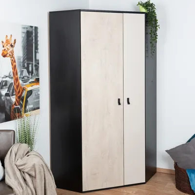 Produktbild von Jugendzimmer - Eckschrank, Farbe: Eiche / Creme / Schwarz - Abmessungen: 190 x 90 x 90 cm (H x B x T)