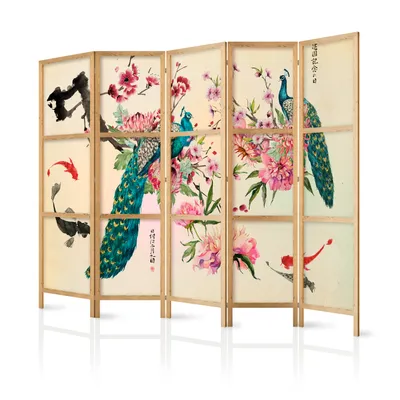 Produktbild von Paravent XXL 225x171 cm 5-teilig einseitig eleganter Sichtschutz Raumteiler Trennwand Raumtrenner Holz Design Motiv Deko Home Office Pfau Blumen Botanik Natur p-C-0002-bh-c