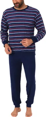 Produktbild von Herren Frottee Pyjama langarm Schlafanzug mit Bündchen in Streifenoptik - 59886 ; marine , 48
