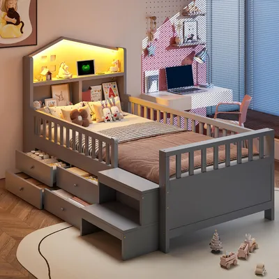 Produktbild von STILVORA Kinderbett 90×200cm  mit Matratze Einzelbett mit LED-Beleuchtung und USB-/Type-C-Anschlüssen Bettgestell mit 4 Schubladen und Treppe Grau