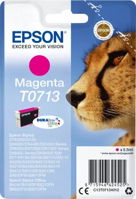 Zdjęcie produktu dla Epson Singlepack Magenta T0713 DURABrite Ultra Ink, Standardowa wydajność, Purpurowy, Tusz na bazie pigmentu, 5,5 ml, 1 szt.