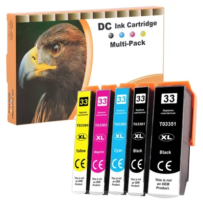 Image de Cartouches d'encre compatibles D&C 5X pour imprimantes Epson 33 et 33XL, compatibles avec les modèles Epson Expression Premium XP-530, XP-540, XP-630, XP-635, XP-640, XP-645, XP-830, XP-900 et XP-7100 (1 noir, 1 noir photo, 1 cyan, 1 magenta, 1 jaune)