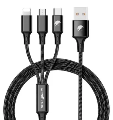 Zdjęcie produktu dla RhinoTech Kabel do ładowania i transmisji danych 3w1 USB-A (MicroUSB + Lightning + USB-C) 1,2 m czarny