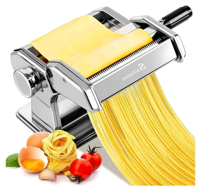 Produktbild von Manuelle Nudelmaschine aus Aluminiumlegierung mit 9 einstellbaren Dickeinstellungen und 2 Schneideoptionen, ideal für Spaghetti, Fettuccini und Lasagne (Silber)