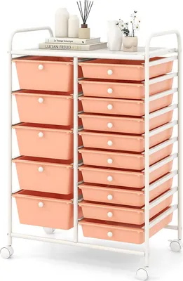 Produktbild von GOPLUS Rollwagen Schubladenwagen, Rollcontainer mit 15 Schubladen, Beistellwagen Haushaltswagen Badrollwagen Badtrolley Badregal (zarter Pfirsich)