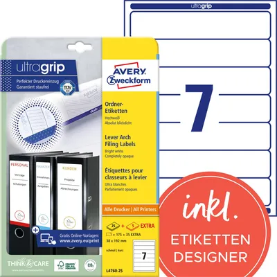 Zdjęcie produktu dla Avery L4760-25, Biały, Papier, Uniwersalne, A4, 7 szt., 25 ark.