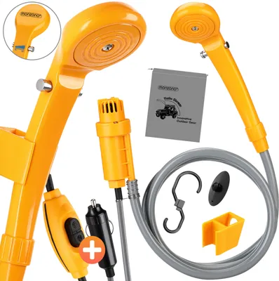 A collage of images showing a portable camping shower kit and its components.
