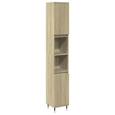 A tall, narrow cabinet with three open shelves and a closed cabinet at the bottom, standing on thin legs.