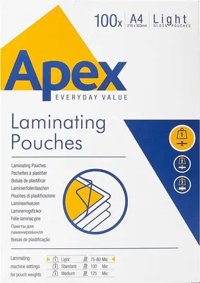 The image shows the packaging of Apex laminating pouches.