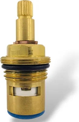 A close-up studio shot of a brass faucet valve cartridge with a blue cap.