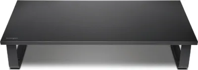A black monitor stand with two legs is shown from the front.