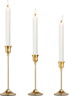 Productafbeelding van Hoge metalen kandelaars (brons/goud), 3-delige set, ideaal als tafeldecoratie, voor bruiloften, feesten, schoorsteenranden
