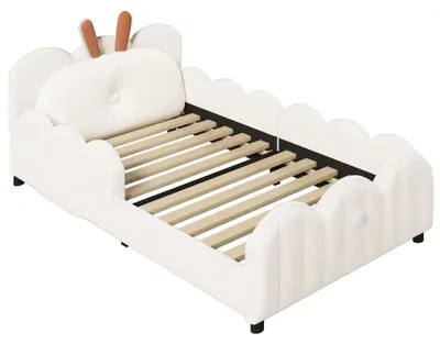 Imagen del producto de Estructura de cama tapizada - Cama individual para niños - 90 x 200 cm - Beige - Cabecero acolchado suave - Estructura de madera resistente - Barandilla de seguridad