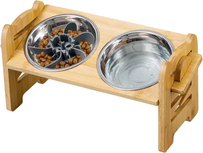 Image de Gamelle réglable, support en bambou, en acier inoxydable, pour petits chiens