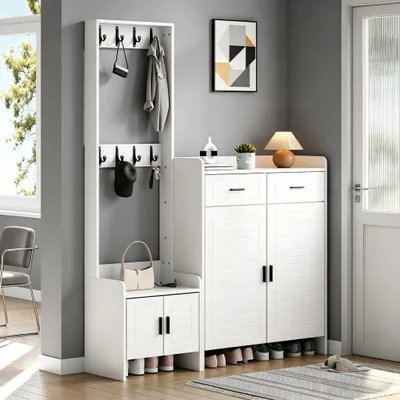 Immagine prodotto di Set armadio e mobiletto scarpiere, dimensioni 125x36x165 cm, 2 cassetti, 2 ante, 8 ganci (bianco)