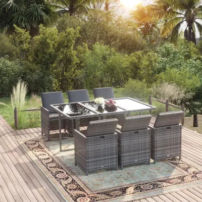 Produktbild von The Living Store 7-tlg. Garten-Essgruppe mit Kissen Poly Rattan Grau