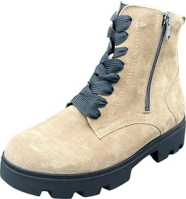 A single beige suede lace-up boot with a black sole and laces, shown from a side-front angle against a white background.