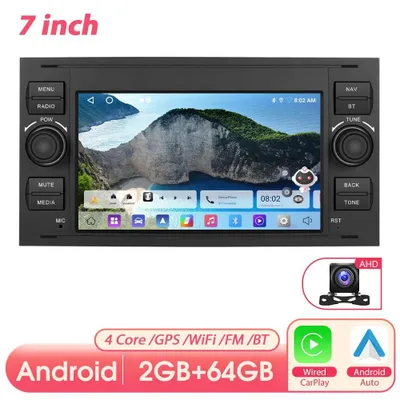 Image de Autoradio double DIN, compatible avec CarPlay et Android Auto sans fil - Écran tactile de 7 pouces (17,8 cm) - 2 Go de RAM, 64 Go de stockage - Entrée pour caméra de recul AHD - GPS pour Ford Focus, Mondeo, Kuga, Transit