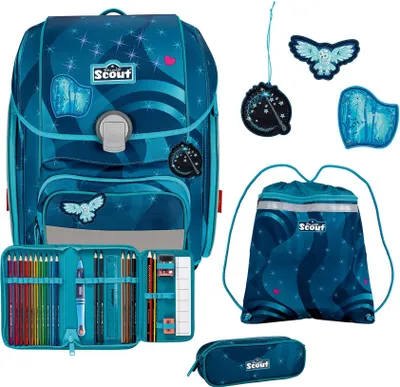 A collection of school supplies including a backpack, pencil case, and drawstring bag, along with accessories.