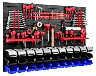 Produktbild von Werkzeugwand - 1152 x 780 mm - Lagersystem SET mit Werkzeughaltern und Stapelboxen mit Deckel - Wandregal Werkstattregal Schüttenregal Sichtlagerkästen (Schwarz/Blau)