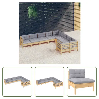 Produktbild von The Living Store 9-tlg. Garten-Lounge-Set mit Grauen Kissen Kiefernholz