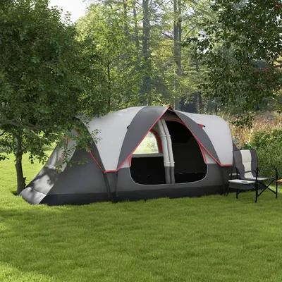 Produktbild von Campingzelt 6-8 Personen, Familienzelt 2 Räume, Tunnelzelt mit Trennwand, Polyester, Grau | 450 x 215 x 180 cm | 2000 mm Wassersäule