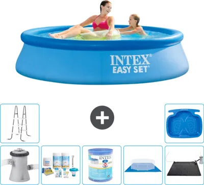 Produktbild von Intex runder aufblasbarer Easy Set-Schwimmpool – 244 x 61 cm – Blau – inklusive Pumpe Wartungspaket - Filter - Bodenplane - Solarmatte - Leiter - Fußbad