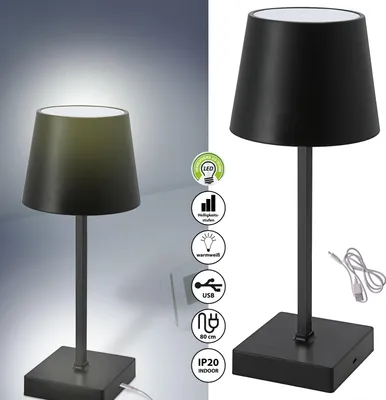 A split image showing a black table lamp on the right and a lit version of the same lamp on the left, with feature icons.