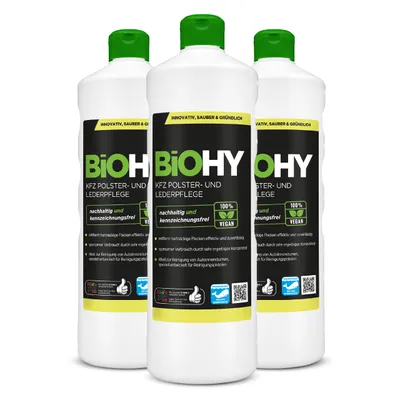 Produktbild von BiOHY KFZ Polster- & Lederpflege, Polsterreiniger Auto, Autositz Reiniger, Innenraumpflege – 3er Pack (3 x 1 Liter Flasche)